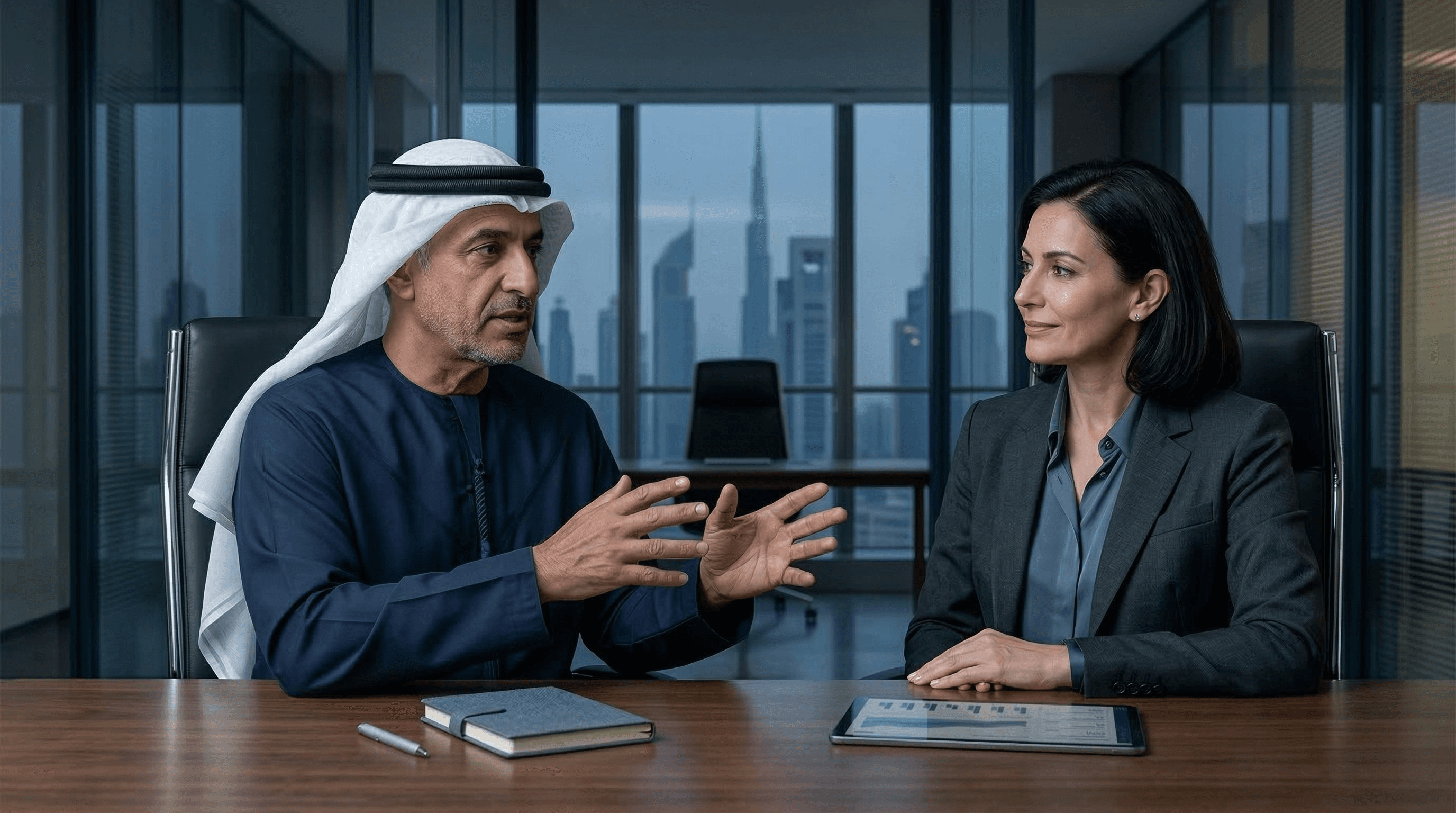 Senior executives discussing strategy in a corporate office